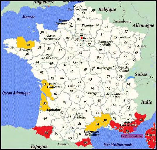 Map of French Departments with known infestations of Rhynchophorus ferrugineus (RPW)
