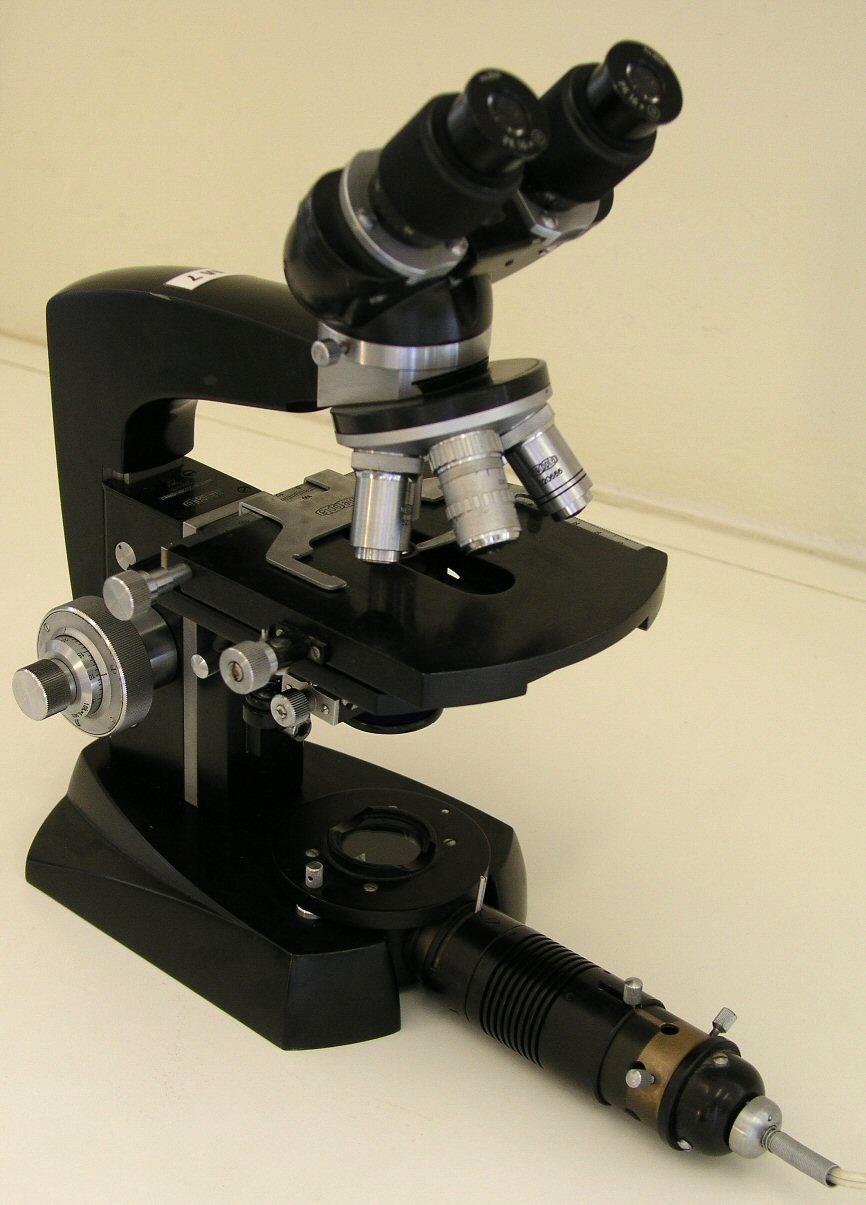 DN 816 Bi + mikrolampa DN + transformátor Meopta Praha binokulární badatelský mikroskop + monokulární tubus objektivy na revolverovém měniči stativ má tvar podkovy mikroskop má kondenzor s