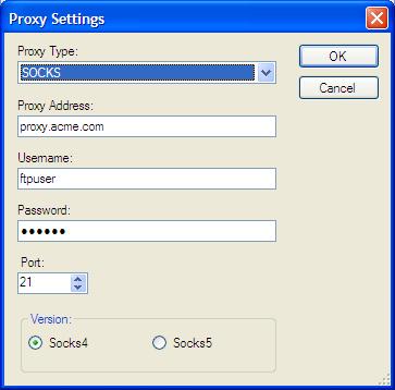 Typ serveru proxy: SOCKS 1. Vyberte položku z rozevíracího seznamu Typ serveru proxy. Pokud jste jako typ serveru proxy vybrali SOCKS, zobrazí se následující dialogové okno. 2.