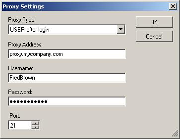 Zadání nastavení proxy serveru Pokud vaše společnost vyžaduje použití proxy serveru před komunikací se serverem FTP, definujte nastavení proxy serveru klepnutím na tlačítko Proxy. 1.