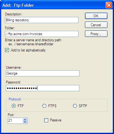 Zobrazí se dialogové okno Přidat: Složka FTP. 3. Zadejte údaje do polí Popis, Složka, Uživatelské jméno a Heslo.