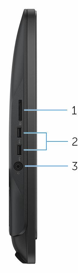 Vlevo 1 Čtečka paměťových karet Čte a zapisuje na paměťové karty. 2 Porty USB 3.0 (2) Slouží k připojení periferních zařízení (například paměťového zařízení nebo tiskárny).