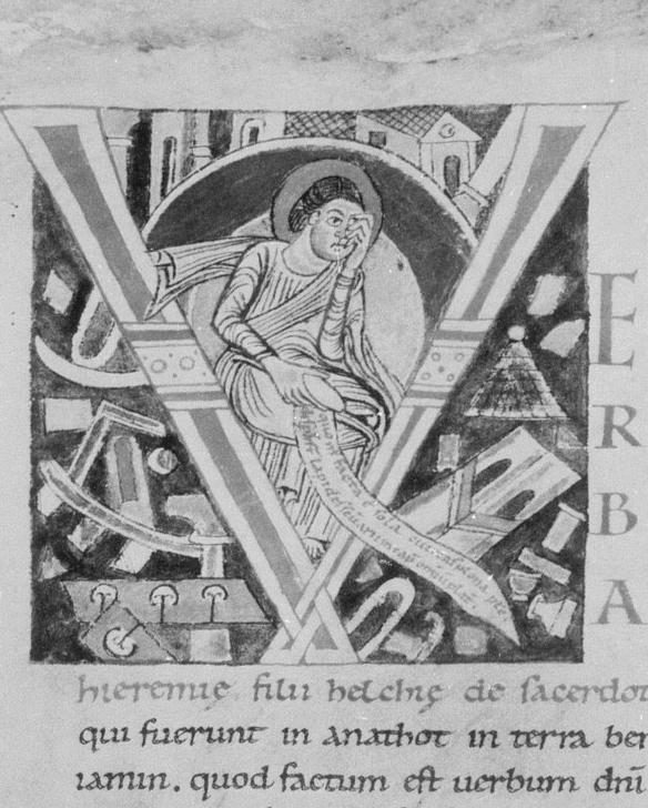 Jeremjáš pláče nad troskami chrámu, 1084, iniciála V,