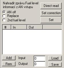 1L / Bit gain 0 % offset v2 Analog input Volba: - AN off: Generuje se fuel level y informace na vstupním CANu. - Replace: Generuje se fuel level z informace na analogovém vstupu.