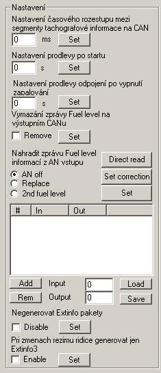 Nastaví zpoždění vypnutí po odpojení signálu 15. Vypne generování zprávy Fuel level na výstupní CAN (použití s externí plovákovou sondou s CAN výstupem vloženou mezi CAR2FMA a zařízení.