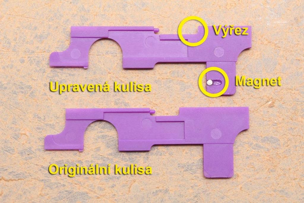 5.3. Vložení kulisy přepínače Mechabox osaďte přiloženou kulisou přepínače (obr.3). Zkontrolujte, že při poloze kulisy na střelbu jednotlivými je magnet přímo nad sondou.