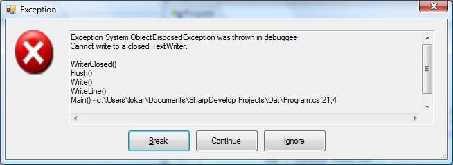 45 Razlog nam lepo pojasni obvestilno okno. Piše namreč: Cannot write to a closed TextWriter. Datoteko smo torej zaprli na napačnem mestu, v zanki, ko bi morala biti še odprta.