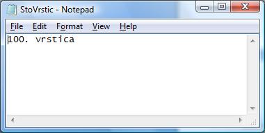 writeline(i + ". vrstica"); 7: oznaka.close(); 8: } 9: } Tako. Program sedaj deluje lepo in prav. A ko odpremo datoteko SttoVrstic.txt nas čaka presenečenje: V datoteki je le zadnja vrstica.