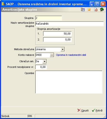 Če izpolnimo vse podatke na amortizacijski skupini nam bo program pri vnosu osnovnih sredstev ali drobnega inventarja in izbiri amortizacijske skupine predlagal tudi podatke, ki smo jih tukaj vnesli