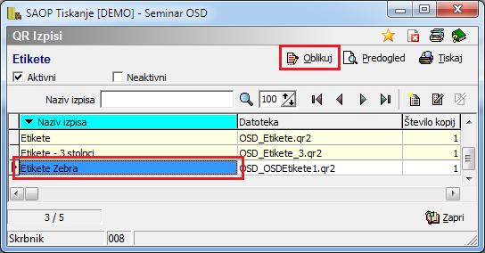 Pripravljene vzorce je potrebno dodatno oblikovati, glede na velikost etikete, ki jo bomo tiskali. Oglejmo si primer oblikovanja etikete velikosti d=5cm in v=2,5 cm kolut.