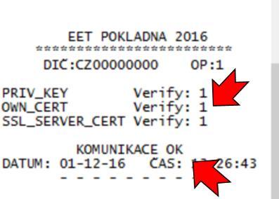 Pokud jste zadali správně certifikáty do webového rozhraní a pokud funguje korektně spojení se serverem EET bude report vypadat takto: Horní šipka ukazuje na ověření správnosti certifikátů.