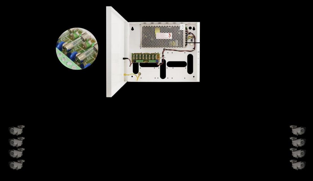 Vlastnosti napájecího zdroje: výstup napájení DC 8x1A/12V pro 8 HD kamery oblast regulace výstupního napětí 12V 15V DC 8 výstupy nezávisle zajištěné pojistkami 1A široká oblast napájecího napětí AC