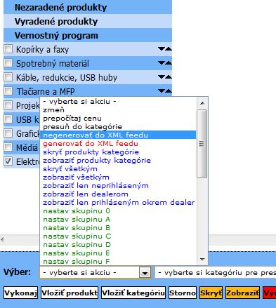 Označenie produktov pre export do XML feedov Označenie produktov prebieha cez časť poloţky a kategórie. Je moţné označiť kategórie, alebo samotné produkty.