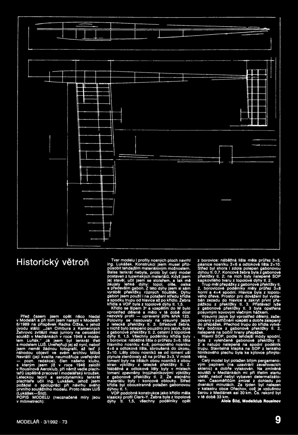 Leteckou teorii a aerodynamiku tenkrát plachtaře učil ing. Lukášek, jehož jsem požádal o spolupráci při návrhu svého prvního soutěžního modelu. Proto název LUŠ (Lukášek Sild).