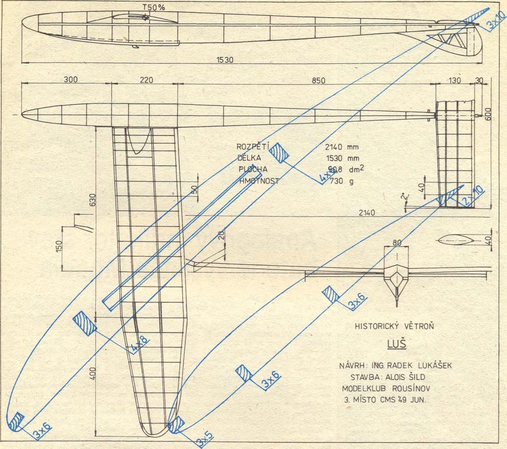 Balsa tenkrát nebyla, proto byl celý model postaven z tuzemských materiálů. Když jsem jej stavěl, učil jsem se stolařem, a tak mě zaujaly lehké dýhy: topol, olše, osika a především gabon.