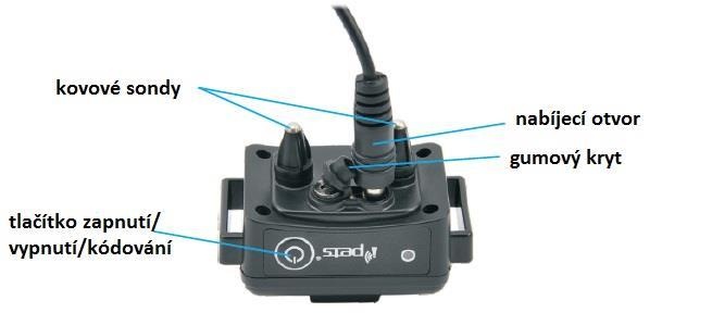 Popis prijímače www.elektro-obojky.cz 1. Tlačidlo zapnutia/vypnutia používa sa tiež pre párovanie prijímača obojku s vysielačkou. 2. Elektródy Kontaktné miesta, ktoré rozvádzajú stimulačné impulzy. 3.