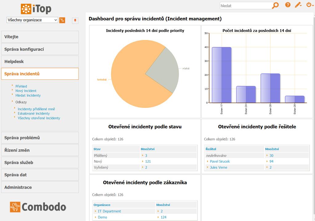 Obrázek 4.3: Webové rozhraní itop. K dispozici jsou REST webové služby, pracující s formátem JSON, pomocí nichž je možné kompletně spravovat jak tikety, tak konfigurace a další funkcionalitu.