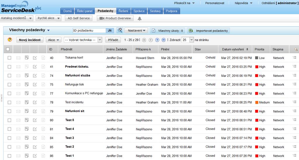 Obrázek 4.5: Webové rozhraní ManageEngine ServiceDesk plus.
