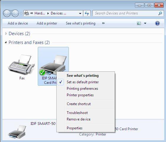 »Devices and Printers«را باز کنید و مطمئن شوید -13 روی PrinterIDP SMART-30 Card