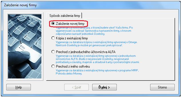 Založenie novej firmy v programe Omega Predtým ako účtovná jednotka začne spracovávať svoje účtovníctvo v programe Omega je potrebné vygenerovať novú
