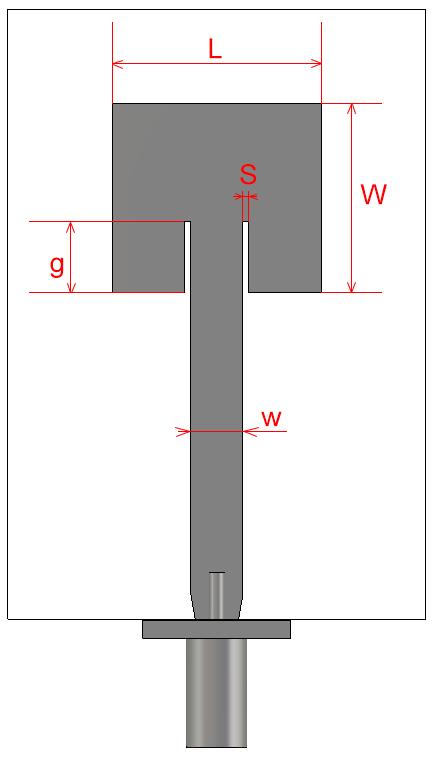 Obr. 3.1: Model Ćíčkové antény vytvořený v programu CST Δ = h0, 412 ( ef + 0, 3)( W + 0, 264) h ( ef 0, 258)( W + 0, 8) = 2, 65 4 (3.3) h = 2 ef 2Δ = 16, 22 (3.4) = 4, 468 (3.5) = 0, 5 (3.