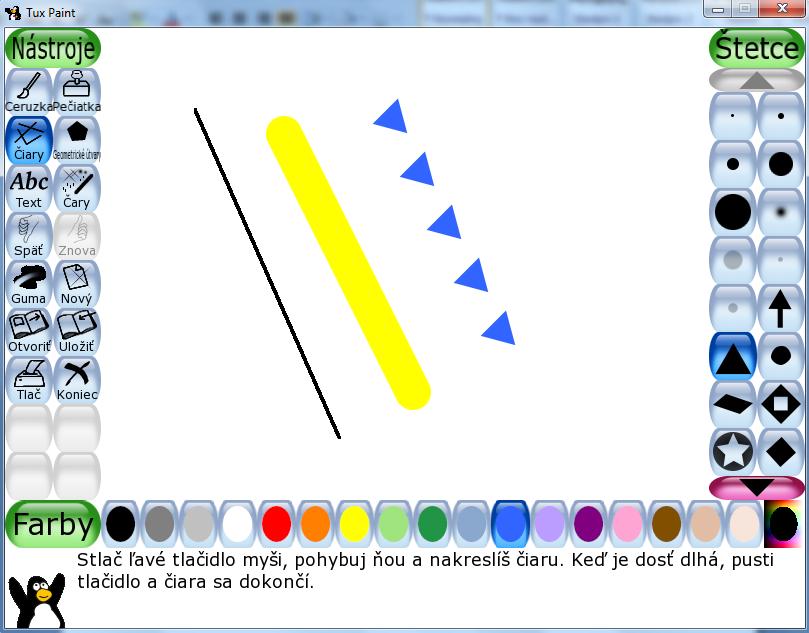 4.1.3 ČIARY Nástroj Čiary nám umožňuje kresliť rovné čiary s využitím rôznych hrúbok a farieb, podobne ako pri použití nástroja štetec (ceruzka).