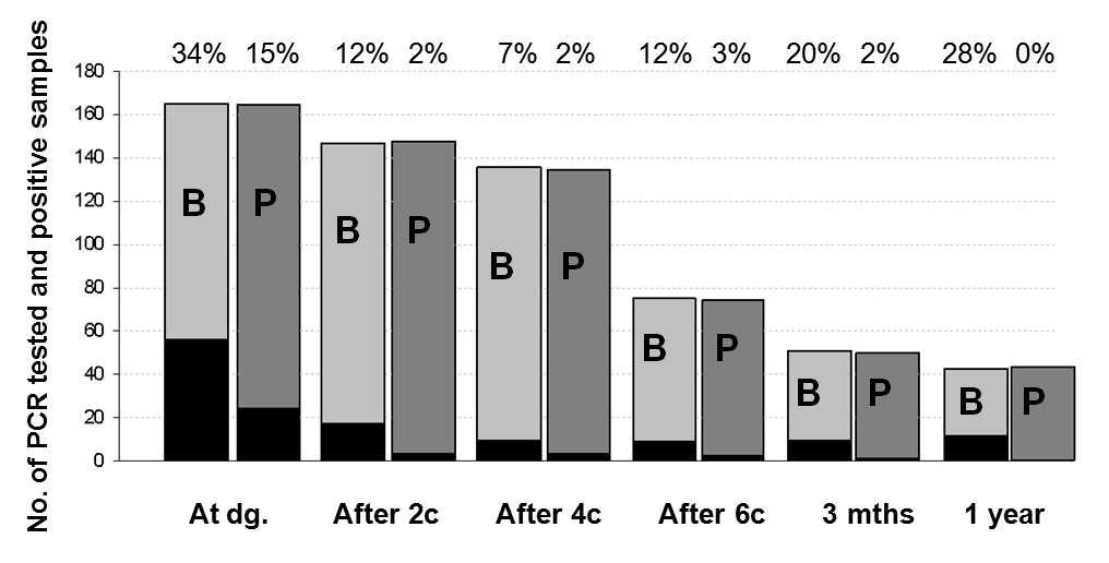 Figure 2: Serial analysis of whole blood and plasma EBV-DNA viral load in HL patients EBV-DNA positivity in plasma and whole blood (%) in HL patients during the course of disease.