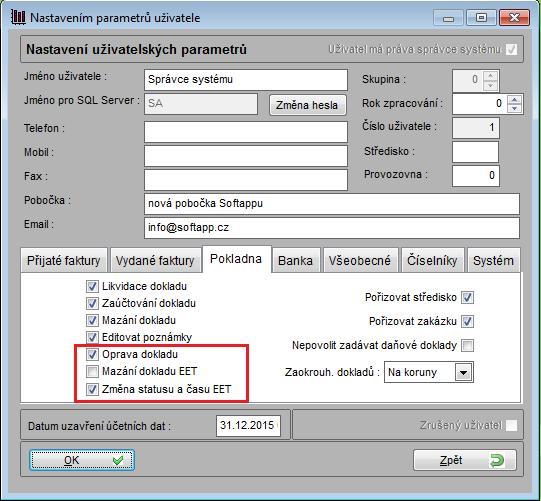 Parametr "Oprava dokladu" - všem uživatelům je potřeba jednorázově nastavit pro přístup do voleb Opravit a Hromadně opravit v menu Oprava, Prohlížení, Likvidace.