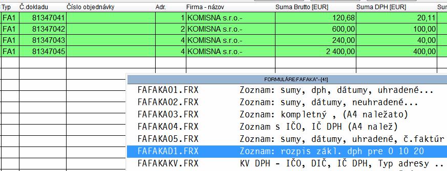 Modul PROLFA Faktúry Tlač zoznamu faktúr s rozpisom základov, dph aj odpočtom z DD.