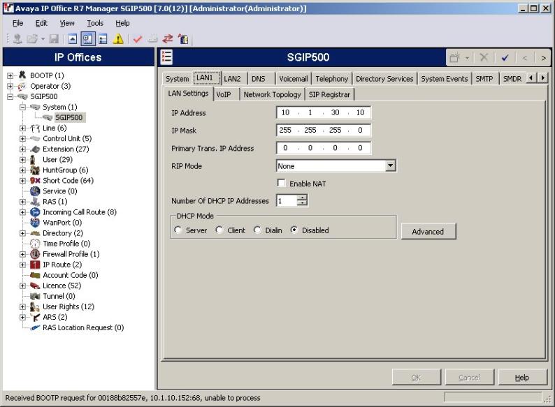 Nastavení parametrů LAN 1. Z konfiguračního stromu v levé části okna vyberte a. Nastavte IP adresu - je to adresa IP Office. b. Nastavte IP masku - dle Vašeho síťového plánu. c. Nastavte DHCP mód d.