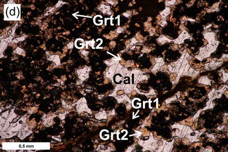chemismu amfibolů (ML3), (e) kalcitová žilka prorážející rekrystalizovaný granát s malým množství