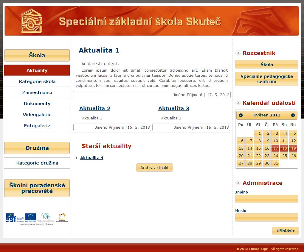 6 Uživatelská dokumentace V této kapitole popíšeme způsob, jakým s aplikací pracují její uživatelé. Aplikace je složená z veřejně přístupné části, která slouží k prezentaci spravovaného obsahu.