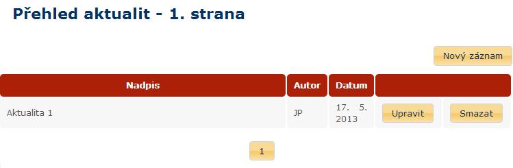6.3.5 Aktuality Pomocí odkazu Aktuality se uživatel dostane na stránkovaný seznam všech aktualit. Informace o aktuální stránce je součástí nadpisu stránky.