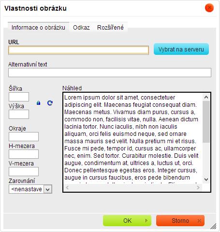 Obrázek 35: Dialogové okno pro vkládání obrázku Položky šířka a výška určují rozměry obrázku ve výsledné stránce.