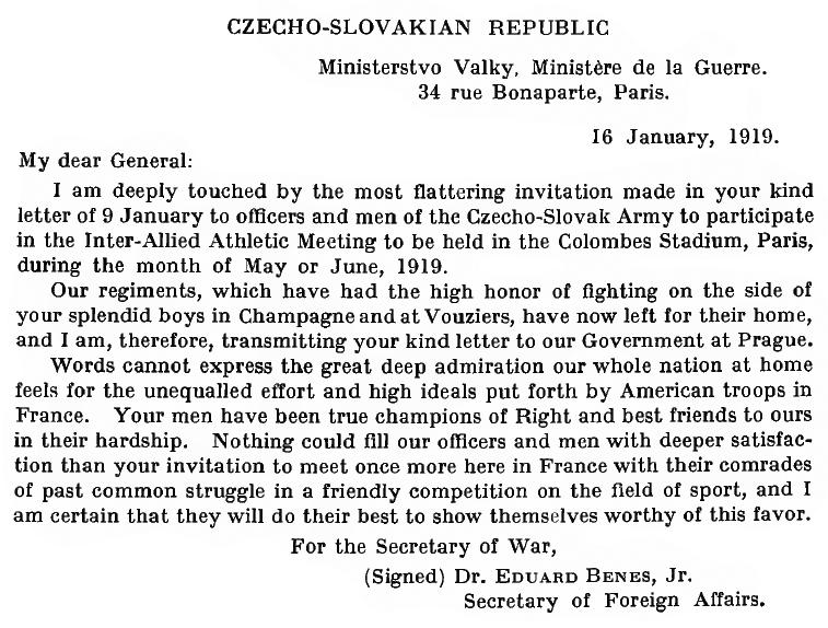 Tomáš Tlustý Obr. 1: Text dopisu Edvarda Beneše adresovaný generálu Johnu Josephu Pershingovi 7 S pozváním soutěžících do Paříže mu pak pomohl gen. John Joseph Pershing, který dne 10.