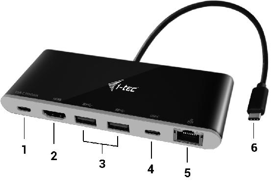 DESCRIPTION / BESCHREIBUNG / POPIS / OPIS / POPIS / APRAŠYMAS ENGLISH 1. USB-C Power Delivery / Data port 2. HDMI port 3. 2x USB-A 3.0 port 4. USB-C port 5. Ethernet GLAN RJ-45 port 6.