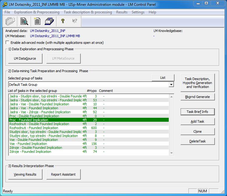 Modul LMDataSource.exe slouží pro přípravu a seznámení se s daty. V tomto modulu se zadávají atributy, ze kterých se budou dobývat asociační pravidla.