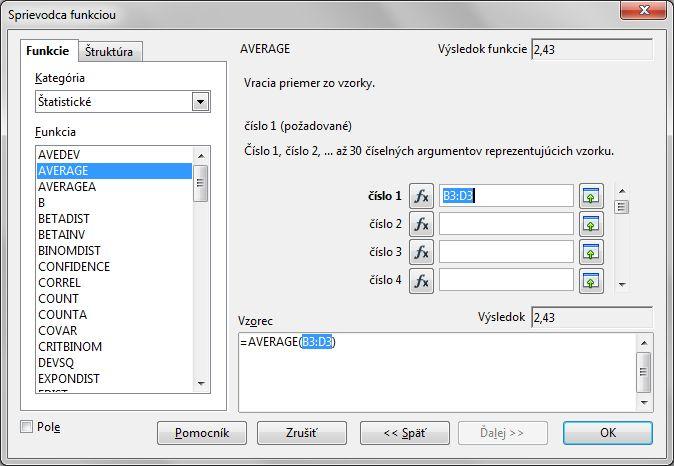 abecedný zoznam všetkých funkcií všetkých kategórií. Ak v ponuke funkcií vyberieme konkrétnu funkciu, dialógové okno obsahuje aj stručný popis vybranej funkcie, ako aj jej správny zápis.