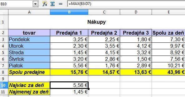 : Dialógové okno sprievodcu funkciou =SUM(F5:F12) sčíta hodnoty v bunkách F5 až F12 =AVERAGE(E5:E12) vypočíta priemernú hodnotu z hodnôt oblasti buniek E5 až E12 =MAX(H2:K15) nájde maximálnu hodnotu