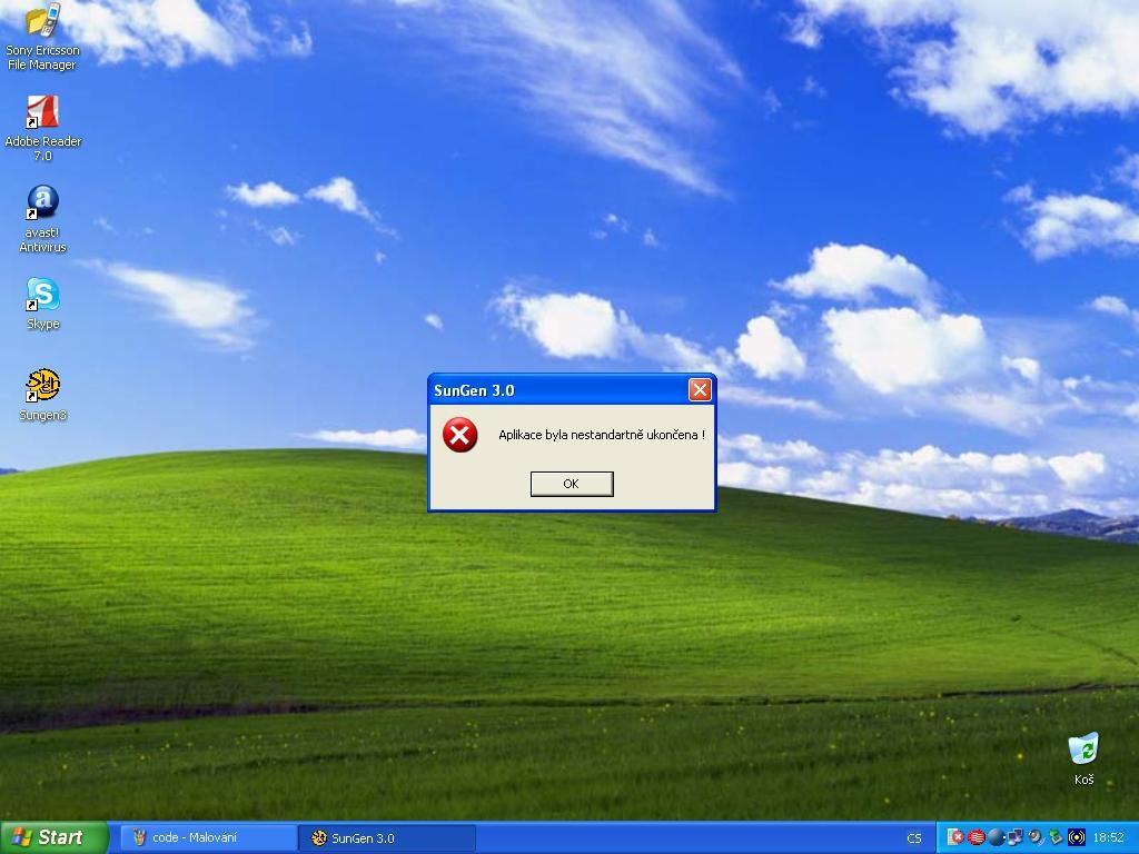 Pokud bude program nestandardně ukončen (výpadek proudu, kolaps windows apod.) při dalším spuštění se zobrazí toto hlášení.