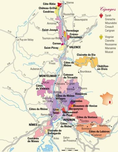 příloha č. 9: Mapa vinařského kraje Vallée du Rhône Zdroj: Tourisme viticole en Vallée-du-Rhône.