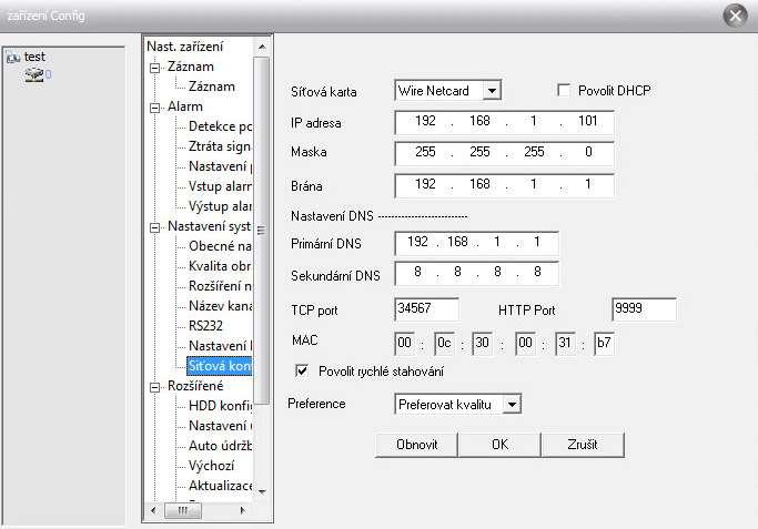 Síťová konfigurace Nastaví IP adresu, port, DNS