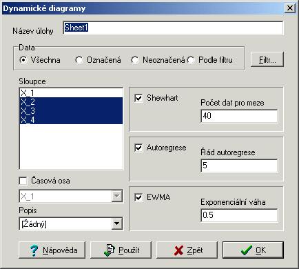 U jednotlivých typů regulačních diagramů se zadávají parametry, které platí pro všechny analyzované sloupce: Obrázek 5 Panel s parametry regulačních diagramů Shewhart Počet dat pro meze: počet řádků