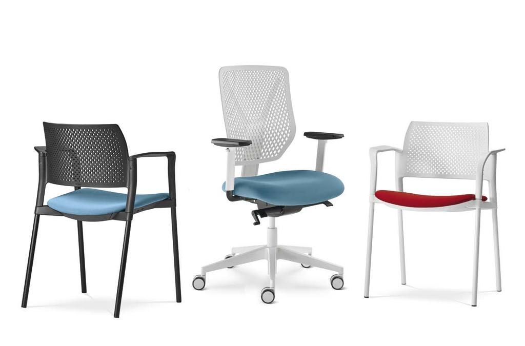 Díly židle je možné volit v černé nebo bílé barvě a to včetně pístu židle, kříže i koleček. Opěradlo židle může být nylonové s výraznou a zajímavou perforací, či čalouněné.