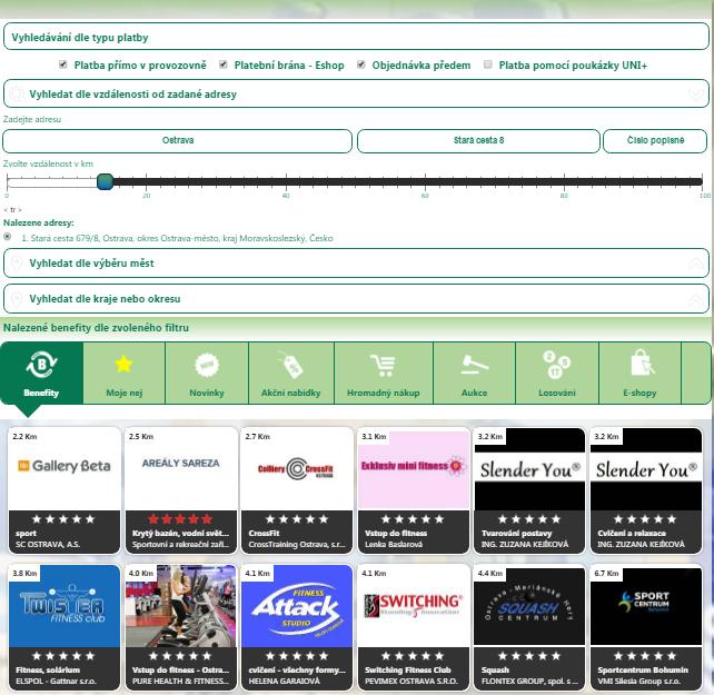 Vyhledávání partnerů podle vzdálenosti od zadané adresy Příklad 1) Sport 2) Zadání adresy: Ostrava,