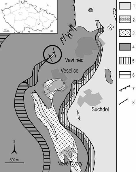 Obr. 1: Mapové schéma s vyznačením místa odběru kruhem: 1 devonské vápence; 2 petrovické břidlice; 3 devonská bazální klastika; 4 granitoidy brněnského masivu; 5 oblasti na povrch vystupujících
