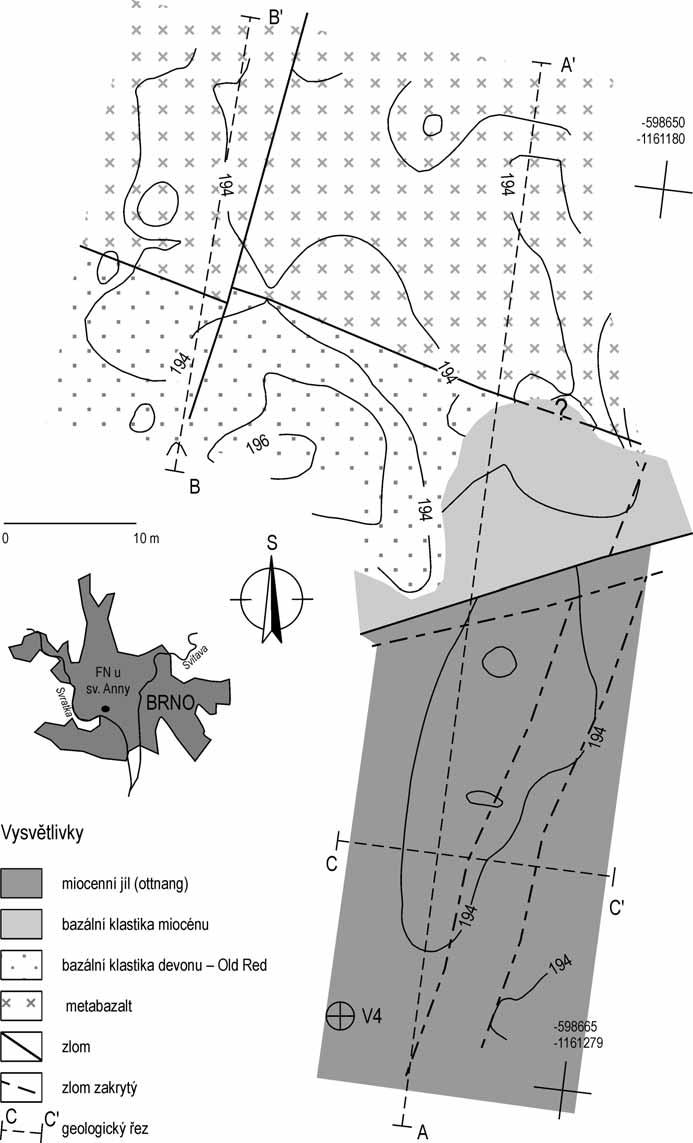 Kenozoikum Diskuze Z uvedených výsledků vyplývá, že prostor staveniště v areálu Fakultní nemocnice má velmi složitý geologický vývoj a tektonickou stavbu budovanou metabazalty, devonskými klastiky,