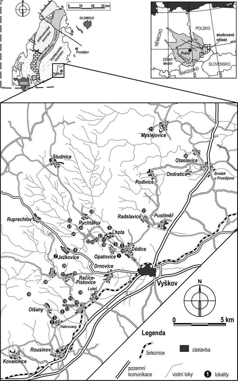 Paleozoikum Obr. 1: Mapa lokalit s výskytem fosilních stop v kulmu jihovýchodní části Drahanské vrchoviny (lokality a jejich pozice upraveny podle Langa 1973).