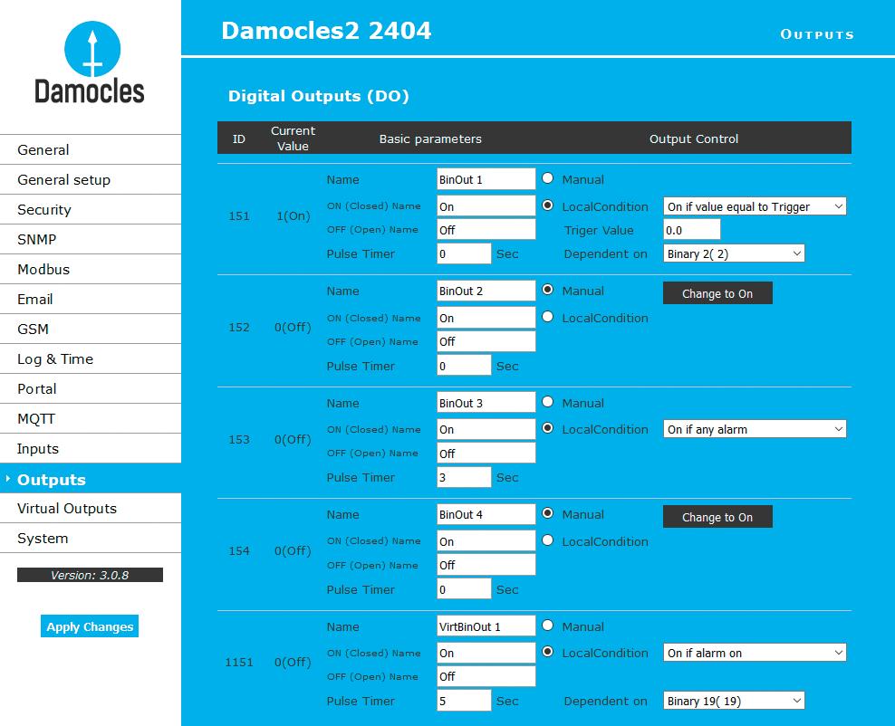 Digital Inputs (DI) Digital Outputs (DO) 2 1 3 1 2 3 1 Vložte jméno DI vstupu, které bude vypsáno do E-mailu, SMS nebo do SNMP Trapu 2 Stav alarm kontaktu: Active if On Alarm při sepnutém kontaktu (1