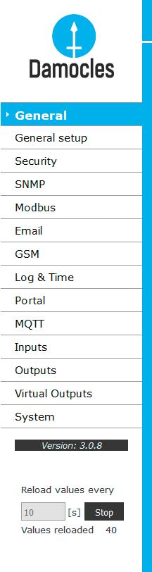 Web zařízení General setup General: General Setup: Security: SNMP: Modbus: E-mail: GSM: Log & Time: Portal: Inputs: Outputs: Virtual Outputs: System: náhled aktuálních hodnot